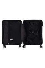 Valija rígida carry on color gris, con ruedas dobles spinner 360 grados desmontables, candado incorporado y compartimento interno con sujeción.