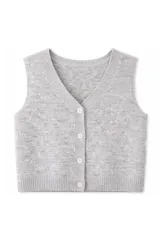 Chaleco de punto gris con acabado brillante, escote en V y cierre frontal con botones. Presenta un diseño sin mangas con terminaciones acanaladas en el ruedo y las sisas.
