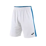 Short deportivo blanco con cintura elástica azul y línea vertical azul en los laterales. Logo de la marca en la pierna derecha.