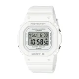 Reloj digital Casio Baby-G de diseño cuadrado, color blanco, con caja y malla de resina. Cuenta con pantalla LCD, luz LED, cronómetro, temporizador, alarmas y calendario automático. Resistente a golpes y al agua hasta 100 metros.
