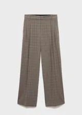 Pantalón de vestir wide leg color marrón con estampado de cuadros, tiro alto, trabillas para cinto, pinzas delanteras y bolsillos laterales.