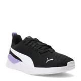 Championes Puma Anzarun Lite, color negro con detalles en blanco y lila. Presentan una parte superior de malla transpirable, cierre con cordones y suela blanca con amortiguación SoftFoam+.