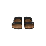 Sandalias Birkenstock modelo Arizona, color negro, con dos tiras ajustables con hebillas metálicas y suela de corcho anatómica.