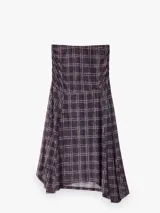 Falda midi con vuelo y estampado de cuadros en tonos borgoña y beige, con diseño asimétrico y cintura elástica fruncida.