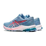 Championes de running Asics GT-1000 10, color celeste con detalles en rosa y blanco.