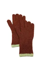 Guantes de punto tejido en color beige, con diseño acanalado y detalle de borde en color marrón oscuro en la muñeca.
