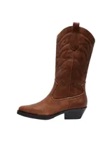Botas estilo texanas de caña alta color negro, con diseño de costuras en relieve, punta cuadrada y taco bajo.