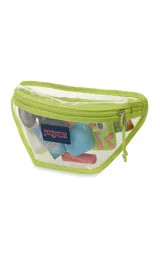 Riñonera transparente con bordes y cierre en color lila. Cuenta con el logo de la marca JanSport en el frente.