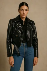 Chaqueta negra de vinilo con cierre asimétrico, solapas con muescas, herrajes metálicos plateados, cinturón con hebilla y corte cropped.