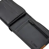 Billetera de cuero sintético negra con banda horizontal marrón y logo metálico.