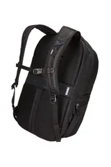 Mochila Thule Subterra de 30 litros, color negro, con logo blanco en el frente. Cuenta con funda acolchada para laptop de 15,6", bolsillo para tableta, PowerPocket para organizar cables y correas acolchadas para los hombros. Se puede sujetar a una maleta con ruedas.