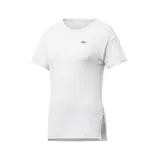 Remera deportiva Reebok de mujer, color blanco, de corte regular y mangas cortas. Confeccionada en tejido de punto simple 100% nylon con tecnología ACTIVCHILL y Speedwick.