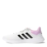 Championes Adidas QT Racer 3.0 blancos con las tres tiras negras y detalles en rosa y verde.