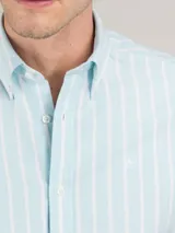 Camisa de hombre de algodón orgánico a rayas verticales rosas y blancas, de corte regular fit, cuello button-down, cierre con botones, manga larga terminada en puño simple y logo bordado en el pecho.