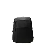 Mochila negra con dos compartimentos frontales con cierre, correas acolchadas ajustables y asa superior.