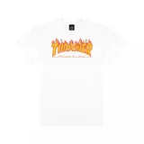 Remera blanca de algodón con el logo de Thrasher Magazine en llamas.