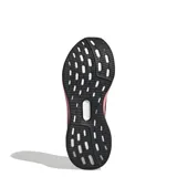 Championes de running Adidas Pureboost 23, color negro con detalles plateados y suela degradada en tonos rosa y amarillo.
