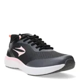Championes deportivos Topper modelo Asphalt, de color negro con detalles en rosado. Presentan una combinación de materiales sintéticos y textiles, con cierre de cordones y suela blanca con amortiguación.