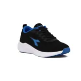Championes de running Diadora Messina para hombre, color negro con detalles en azul y suela blanca.