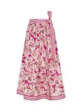 Falda midi con estampado floral en tonos fucsia y beige, con cintura alta y corte acampanado. Presenta una faja a rayas horizontales en la cintura y en el ruedo.
