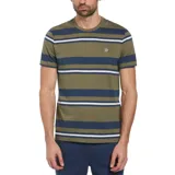 Remera de hombre a rayas horizontales color verde oliva, azul marino y blanco.