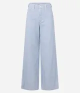 Pantalón wide leg de sarga con rayas verticales, tiro alto, trabillas en la cintura y cinco bolsillos.