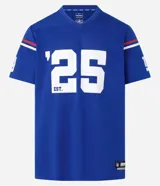 Remera deportiva azul con tecnología Dry, cuello en V, manga corta con estampado lettering y rayas contrastantes, estampado lettering NFL Giants.
