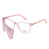 Lentes de receta con armazón de acetato transparente en color rosa, que incluye un clip-on solar desmontable con cristales degradados en tono rosado.