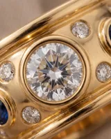 Anillo ancho de acero con baño de oro, con una circonia central blanca de mayor tamaño rodeada de circonias azules y blancas más pequeñas.