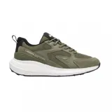 Championes Lacoste modelo L003 Evo, color verde oliva con detalles en negro y suela blanca. Diseño deportivo con paneles de malla y refuerzos laterales, con el logo de la marca grabado en el talón y en la lengüeta.