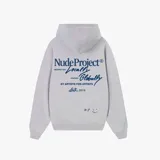 Hoodie Nude Project de corte oversize, color gris melange, con capucha y estampado tipográfico azul en la espalda que incluye el logo de la marca y la leyenda 'Respected locally, known globally by artists for artists est. 2019'.