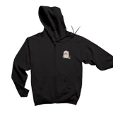 Campera con cierre frontal y capucha, color negro, con estampado pequeño en el pecho que representa una lápida.