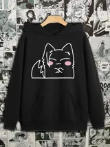 Canguro negro con capucha y bolsillo delantero, con estampado de un gatito blanco con mejillas rosadas.