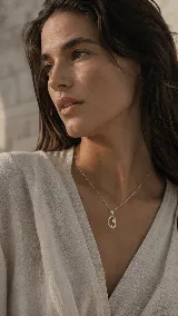 Conjunto de collar y dije ovalado con la imagen de la Virgen Niña, enmarcado con pequeñas piedras brillantes. El dije presenta un diseño delicado y atemporal con acabado brillante.