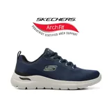 Championes deportivos Skechers modelo Arch Fit Summits - Kravel, color azul marino con suela blanca. Presentan capellada de malla técnica transpirable, sistema de cordones y tecnología de soporte plantar Arch Fit certificado por podólogos.