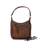Bandolera de cuero sintético color marrón oscuro, con un bolsillo frontal más claro y un bolsillo trasero con cierre. Tiene un asa de hombro y una correa de tela regulable extraíble.