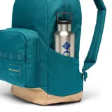 Mochila urbana Columbia de 22 litros, color azul petróleo con base en tono beige. Cuenta con compartimento principal con cierre, bolsillo frontal con organizador, funda interna para laptop de hasta 15 pulgadas, respaldo acolchado y correas ajustables.