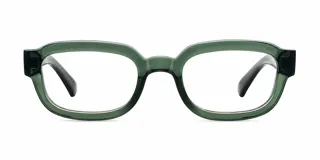 Lentes con protección contra luz azul y UV400, con montura de diseño ovalado fabricada en material bio-based color verde traslúcido.