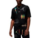 Remera negra de manga corta con estampado gráfico frontal que incluye el logo Jumpman, un swoosh degradado, la palabra AIR en tipografía colorida, un diseño circular tipo brújula y el número 23.
