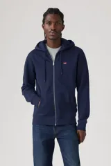 Buzo hoodie Levi's azul marino con cierre frontal, capucha con cordón ajustable, bolsillos tipo canguro y logo pequeño en el pecho.