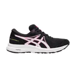 Championes de running Asics modelo Gel-Contend 7, color negro con detalles en blanco y rosa. Presentan tecnología AmpliFoam en la entresuela para mayor amortiguación y malla transpirable en la parte superior.