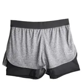 Short deportivo Topper 2 en 1 para mujer, color gris melange con cintura y short interior negro.