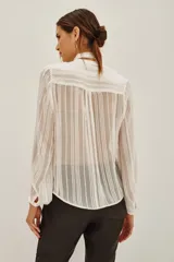 Camisa de transparencia con diseño a rayas verticales, cuello con lazo integrado y mangas largas abullonadas con puños ajustados.