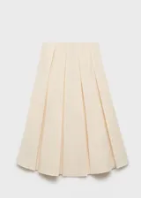 Falda midi de tiro medio color beige, con diseño evasé y detalles de tablas frontales. Cuenta con cierre de cremallera lateral.