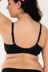 Soutien reductor con aro, confeccionado en lycra y puntilla elastizada color bordeaux y negro. Tiene tiras decorativas en el escote y breteles elásticos regulables.