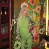 Vestido midi ajustado de microtul verde con estampado abstracto en tonos oscuros. De mangas largas y cuello redondo, es una prenda transparente y elástica.