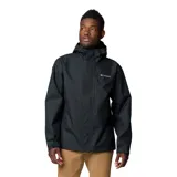 Campera impermeable Columbia Hikebound II de color negro, con capucha ajustable, cierre frontal y bolsillos con cremallera. Incluye el logo de la marca bordado en el pecho.