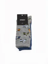 Pack de dos pares de medias de caña media con diseño a rayas. Un par presenta rayas finas horizontales en gris y negro, mientras que el otro par tiene rayas más anchas en gris y azul oscuro. Ambas incluyen el logo de la marca bordado en el lateral.