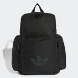 Mochila negra Adidas Adicolor de 23 litros, con logo del trifolio estampado en el frente, compartimento principal amplio, bolsillo frontal y dos bolsillos laterales con cierre.
