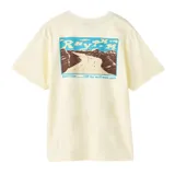 Remera de manga corta color blanco roto con pequeño estampado azul en el pecho y diseño amplio.